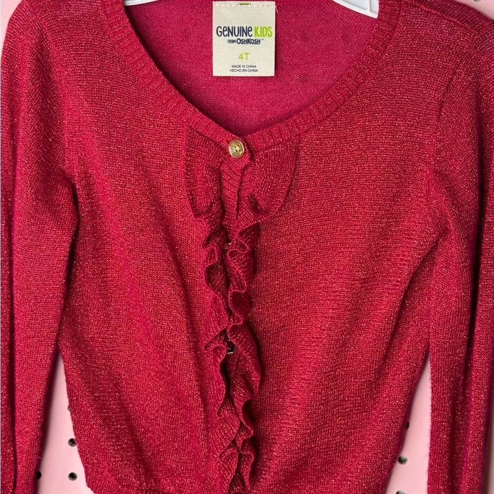 OshKosh B’gosh Girls Red Metallic Ruffle Cardigan Sweater Size 4T Classic Preppy